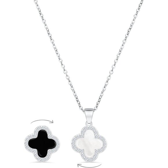 Dual-Sided 18K Gold Plated Clover Necklace with Cubic Zirconia for Women - Picture 1 of 6